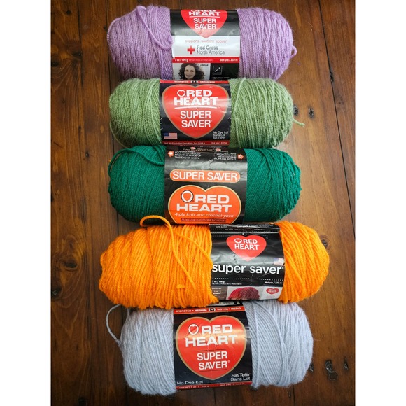 Red Heart Other - Red Heart Super Saver Yarn Lot 5 Skeins Worsted Orchid Green Pumpkin Grey E300